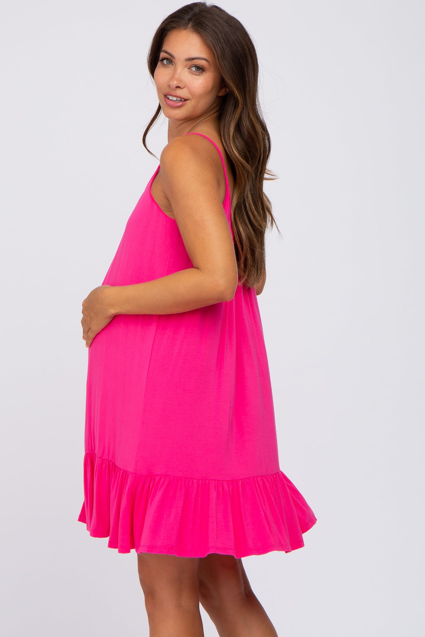 Fuchsia Ruffle Hem Maternity Swing Dress