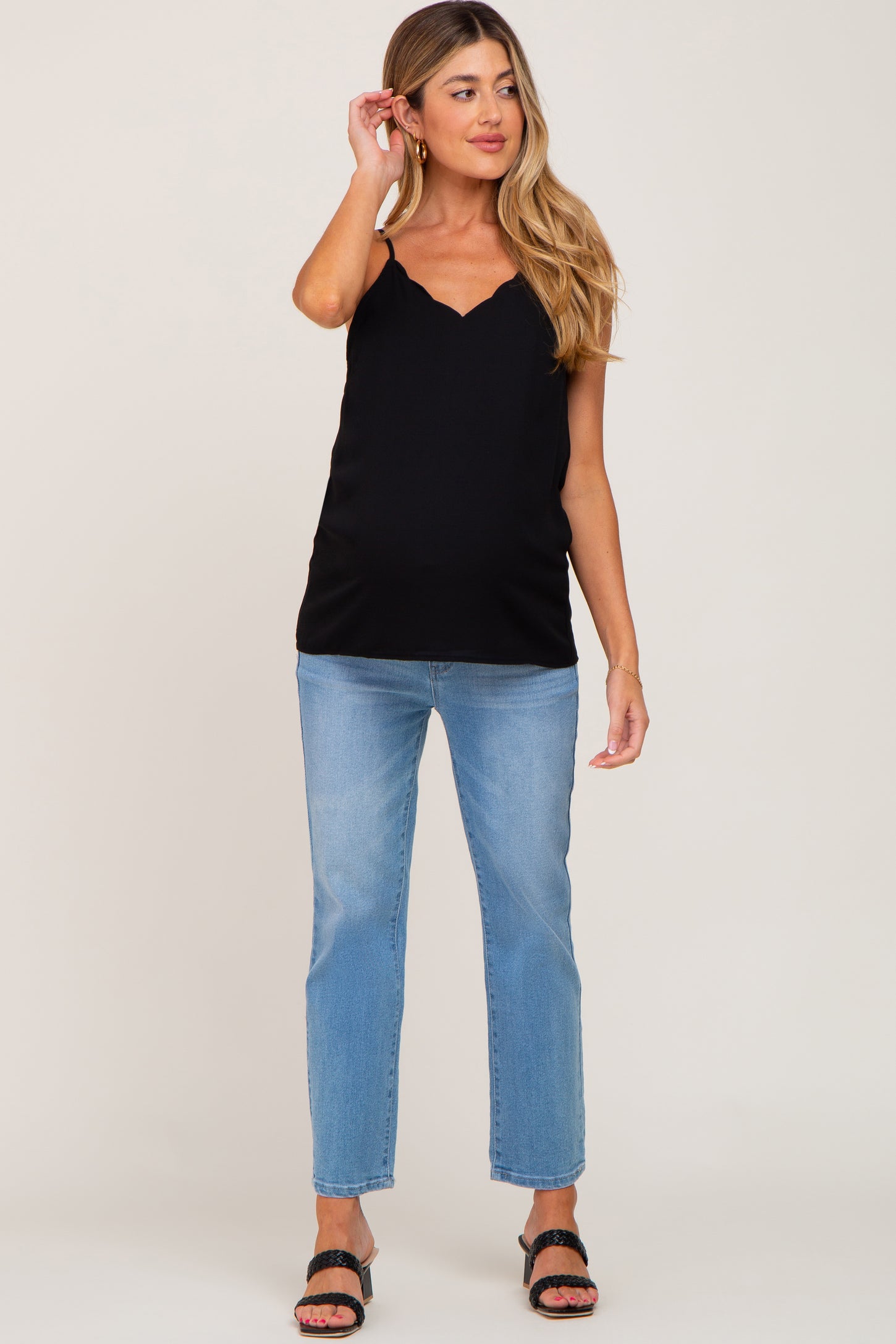 Black Scallop Neckline Maternity Blouse
