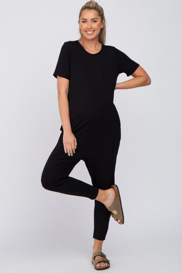 Black Basic Short Sleeve Maternity Jumpsuit