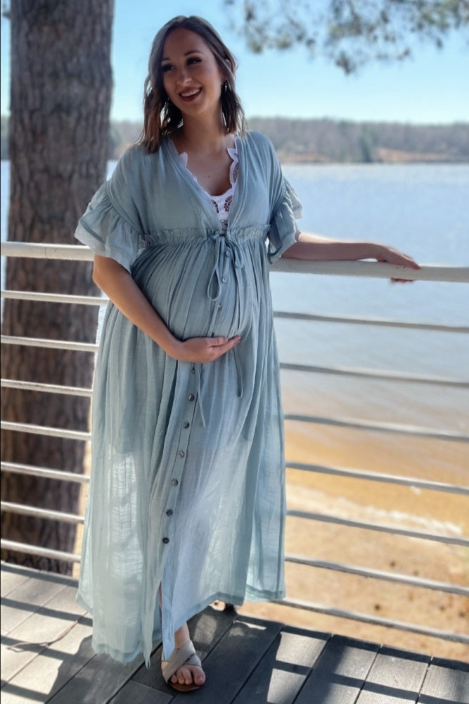 Light Blue Deep V-Neck Button Down Maternity Maxi Dress