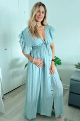 Light Blue Deep V-Neck Button Down Maternity Maxi Dress