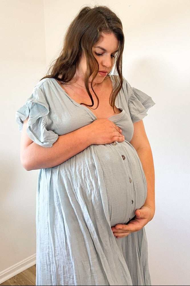 Light Blue Deep V-Neck Button Down Maternity Maxi Dress