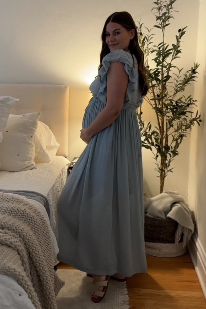 Light Blue Deep V-Neck Button Down Maternity Maxi Dress