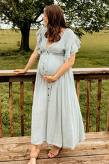 Light Blue Deep V-Neck Button Down Maternity Maxi Dress