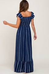 Navy Blue Striped Off Shoulder Front Tie Maxi Dress