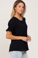 Black Smocked Puff Sleeve Blouse