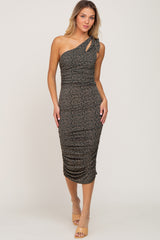 Forest Green Floral One Shoulder Ruched Maternity Midi Dress