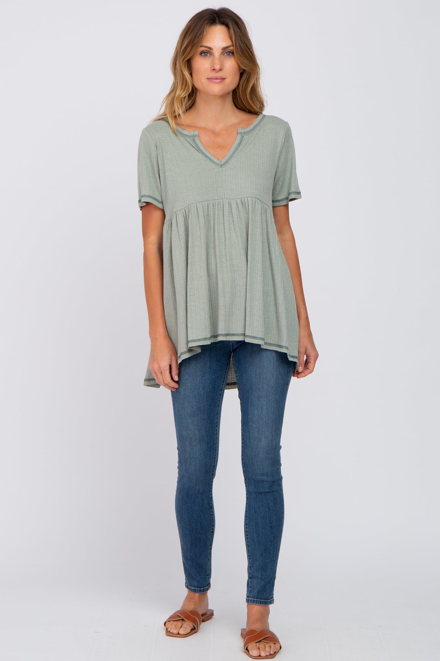 Light Olive V Neck Top
