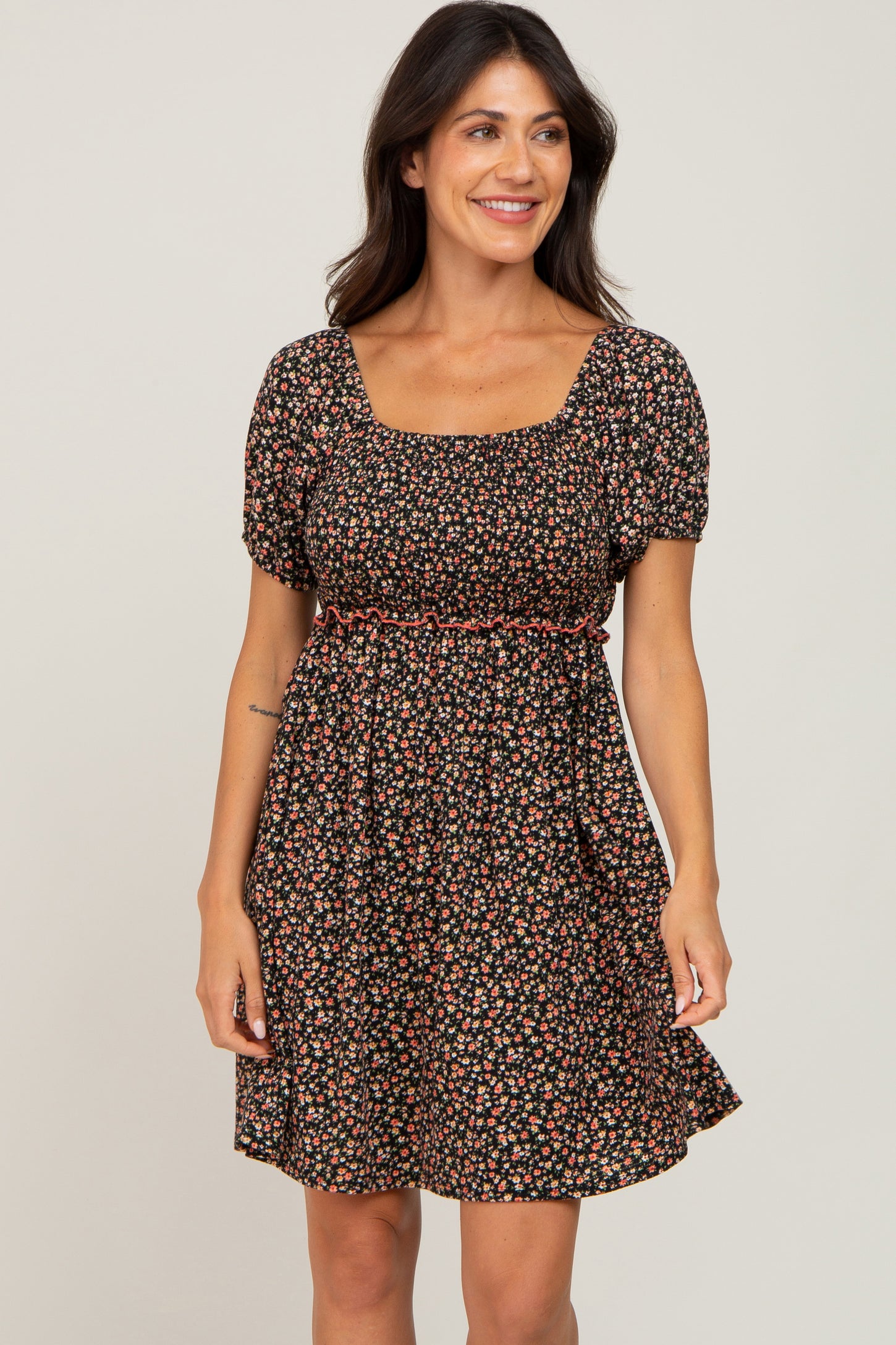 Black Floral Smocked Puff Sleeve Maternity Dress