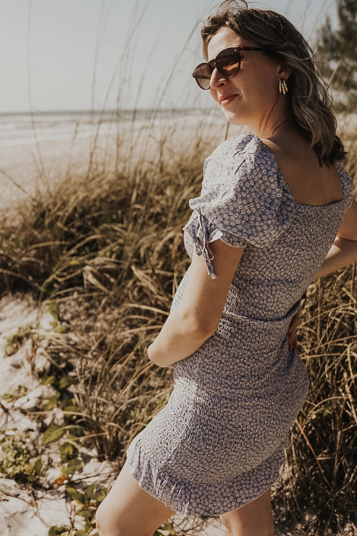 Light Blue Floral Smocked Short Puff Sleeve Maternity Mini Dress
