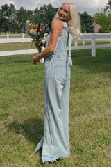 Blue Light Wash Denim Distressed Wide Leg Overalls