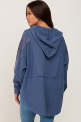 Blue Soft Mixed Knit Button Front Hooded Maternity Top
