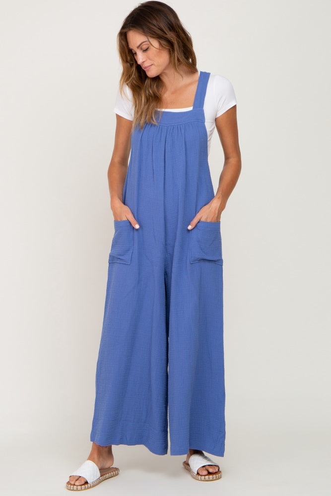 Blue Wide Leg Tie Back Maternity Overalls