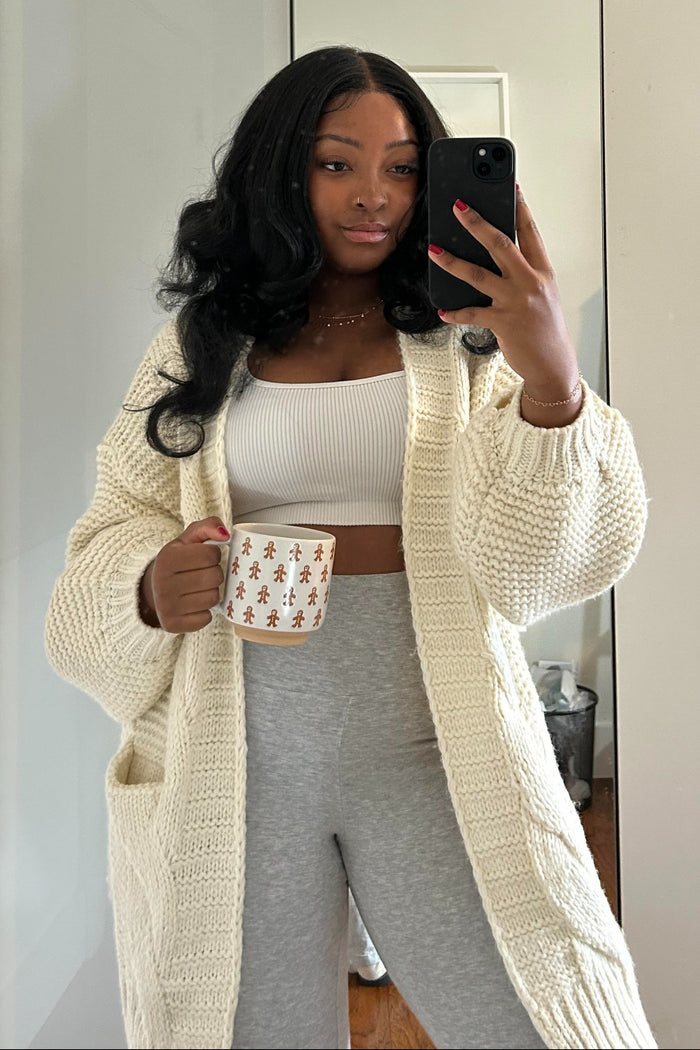 Cream Cable Knit Front Pocket Cardigan