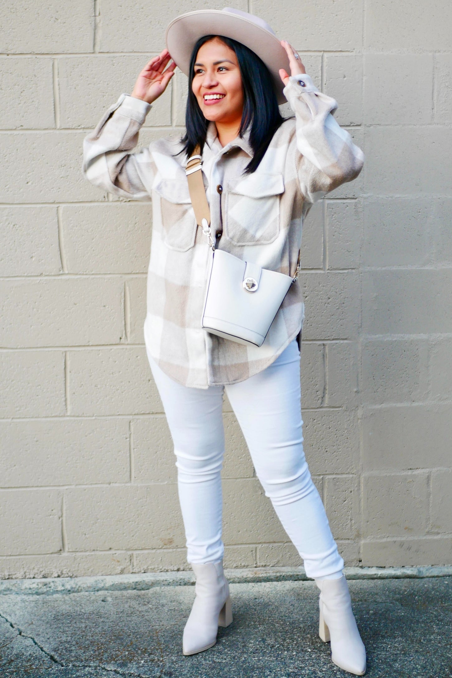 Beige Plaid Knit Shirt Jacket