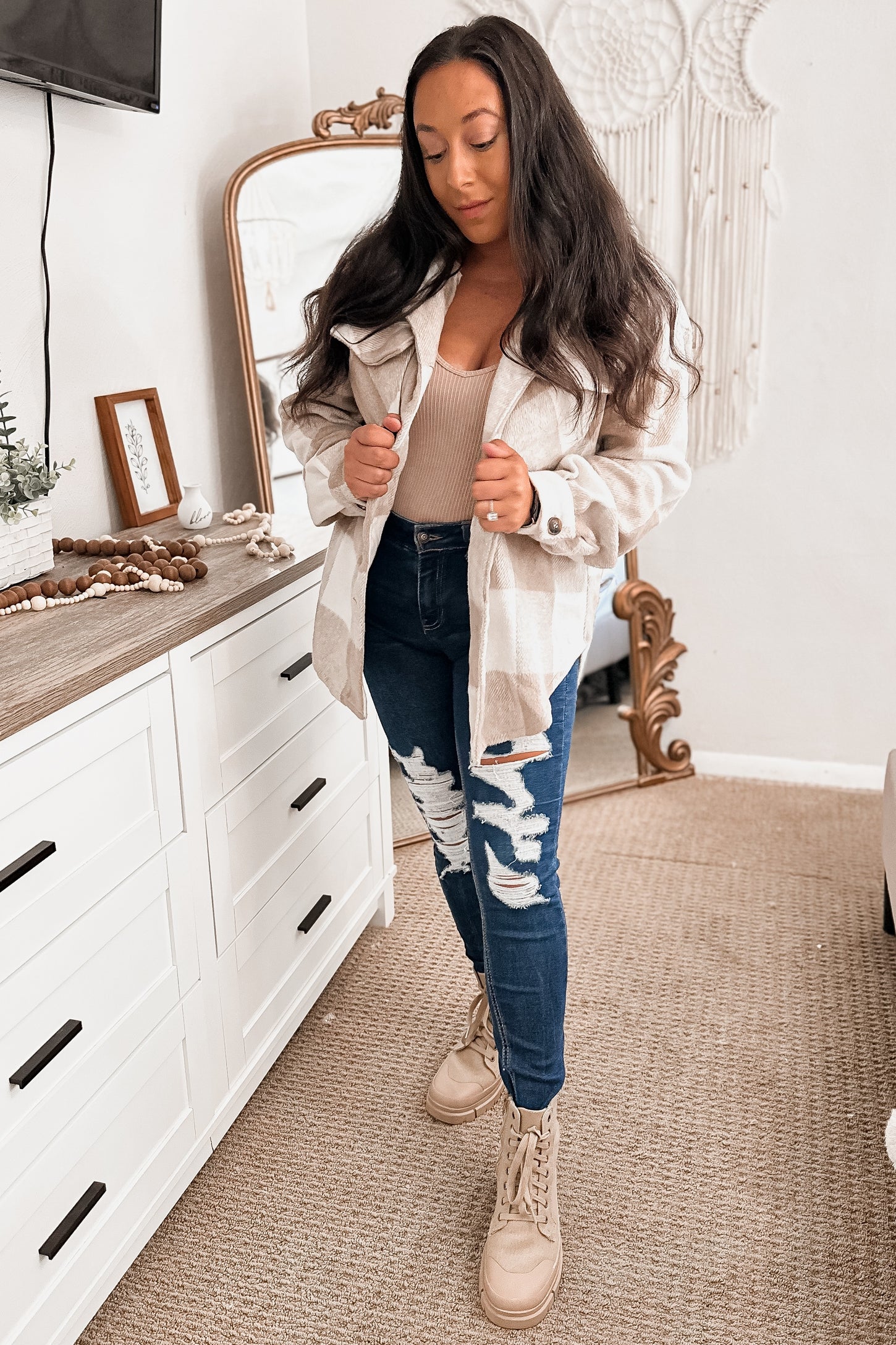Beige Plaid Knit Shirt Jacket