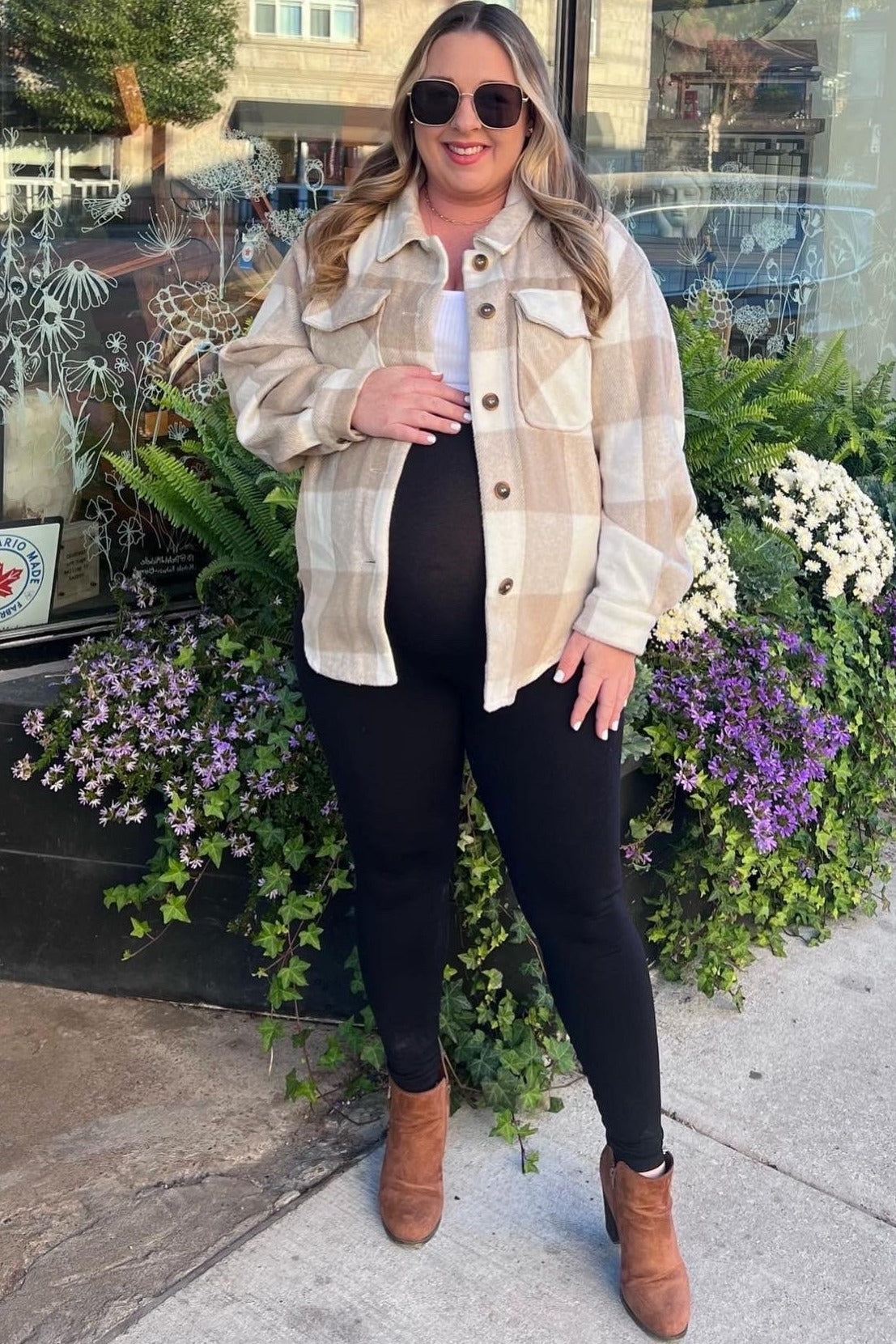 Beige Plaid Knit Maternity Shirt Jacket