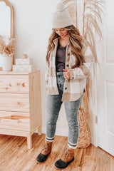 Beige Plaid Knit Shirt Jacket