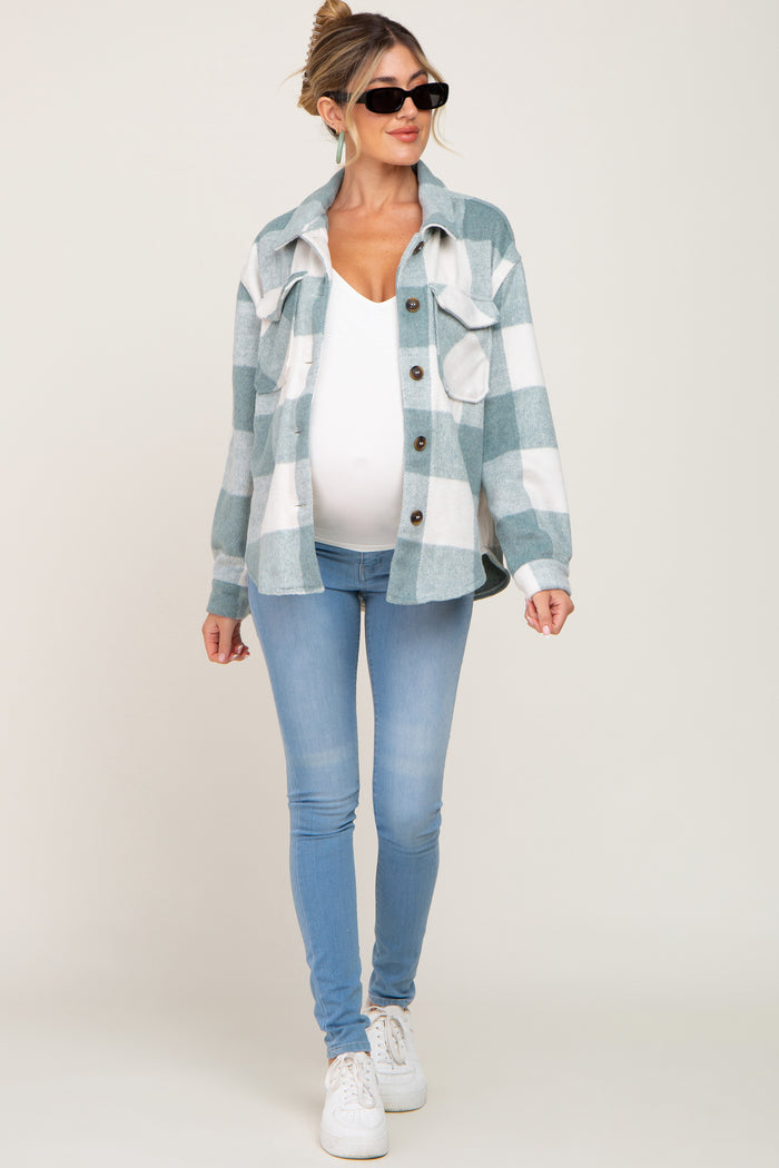 Green Plaid Knit Maternity Shirt Jacket