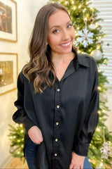 Black Satin Button Up Blouse