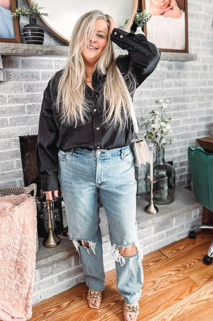 Black Satin Button Up Blouse