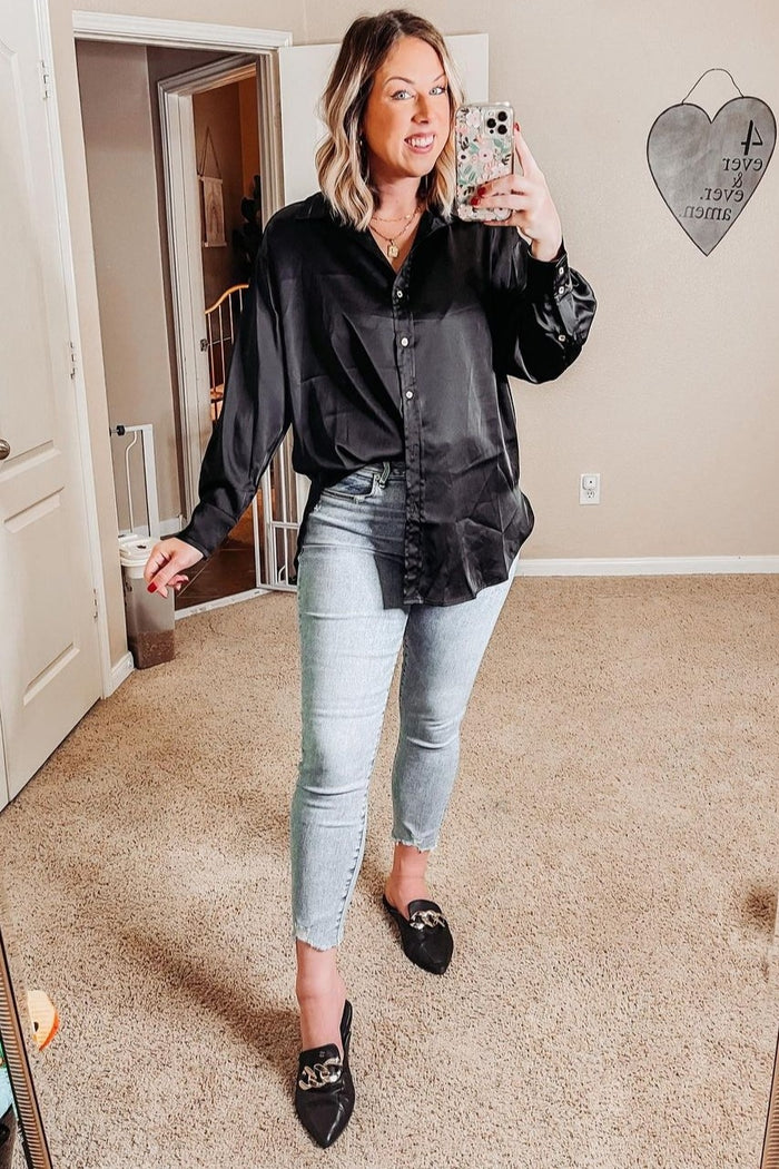 Black Satin Button Up Blouse