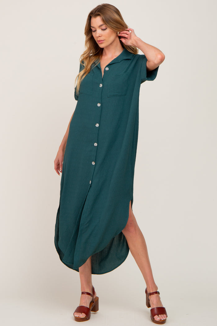 Forest Green Button Down Hi Low Maternity Maxi Dress