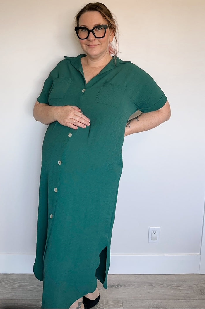 Forest Green Button Down Hi Low Maternity Maxi Dress