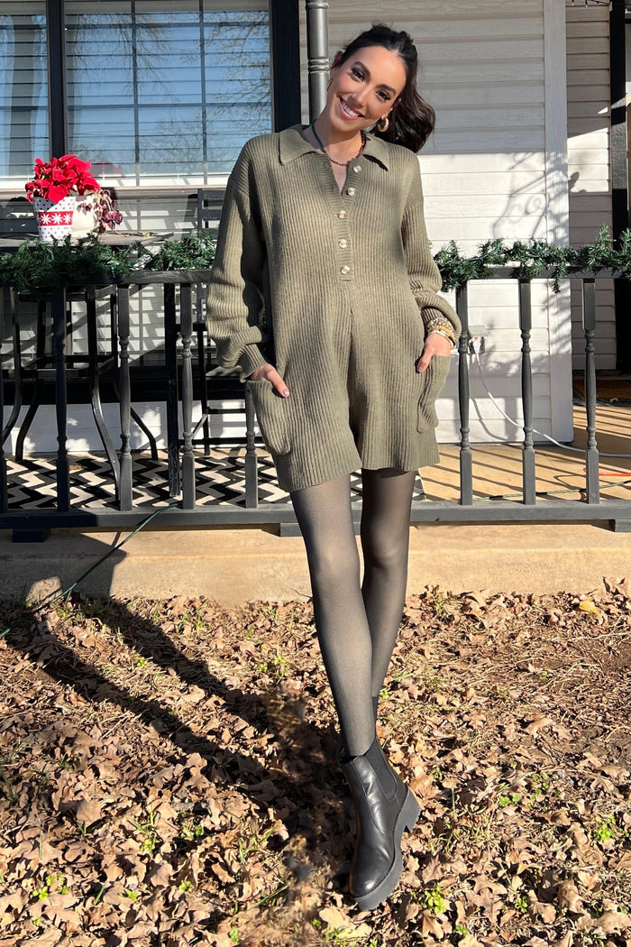 Olive Button Down Sweater Romper