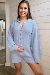 Light Blue Button Down Maternity Sweater Romper