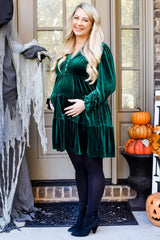 Green Velvet Long Sleeve Tiered Collared Maternity Dress