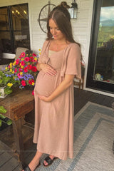 Mocha Front Tie Ruffle Sleeve Maternity Midi Dress