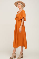 Rust Front Tie Ruffle Sleeve Midi Dress