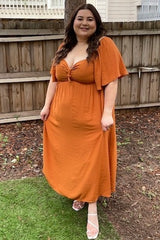 Rust Front Tie Ruffle Sleeve Midi Dress