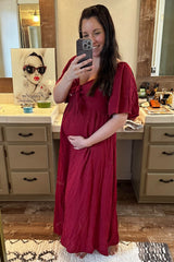 Burgundy Front Tie Ruffle Sleeve Maternity Midi Dress