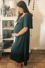 Hunter Green Front Tie Ruffle Sleeve Maternity Midi Dress