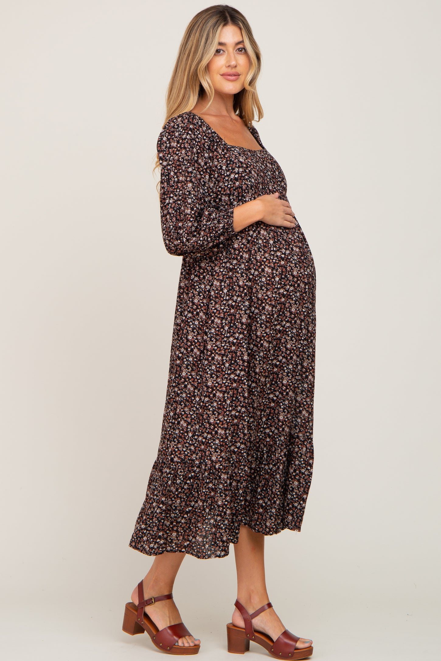 Black Floral 3/4 Sleeve Maternity Midi Dress