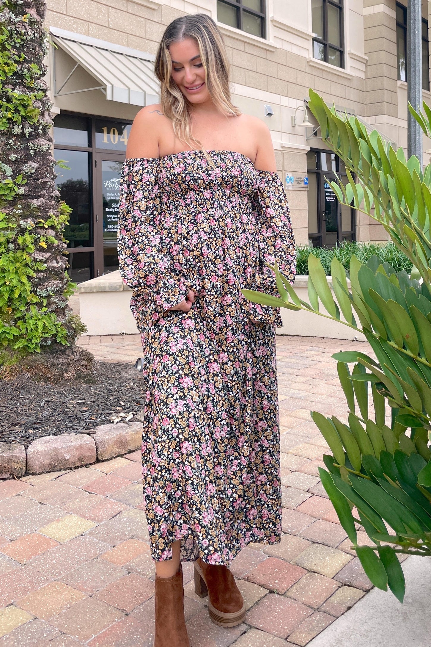 Black Floral Off Shoulder Long Sleeve Maternity Maxi Dress