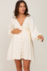 Beige Crochet Lace Button Front Maternity Dress