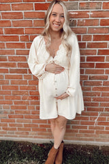 Beige Crochet Lace Button Front Maternity Dress