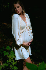 Beige Crochet Lace Button Front Maternity Dress