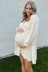 Beige Crochet Lace Button Front Maternity Dress