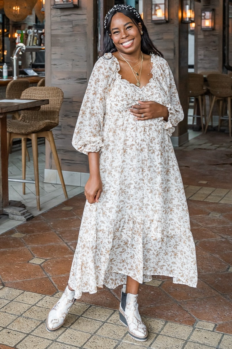 Ivory Floral Chiffon Ruffle Maternity Maxi Dress