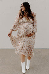 Ivory Floral Chiffon Ruffle Maternity Maxi Dress