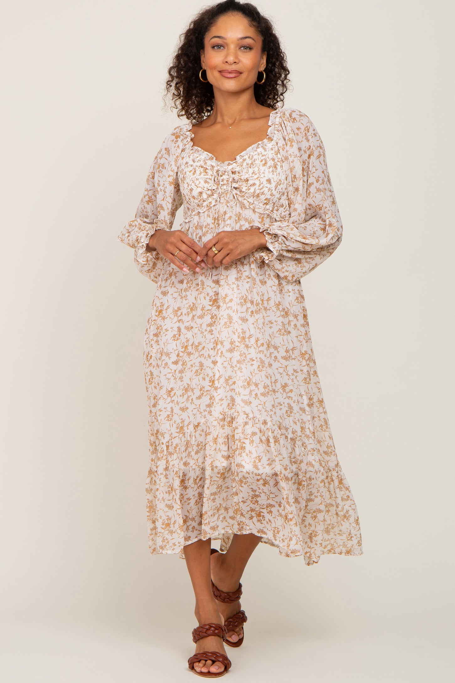 Ivory Floral Chiffon Ruffle Maternity Maxi Dress
