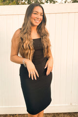 Black Rib Knit Side Slit Midi Dress