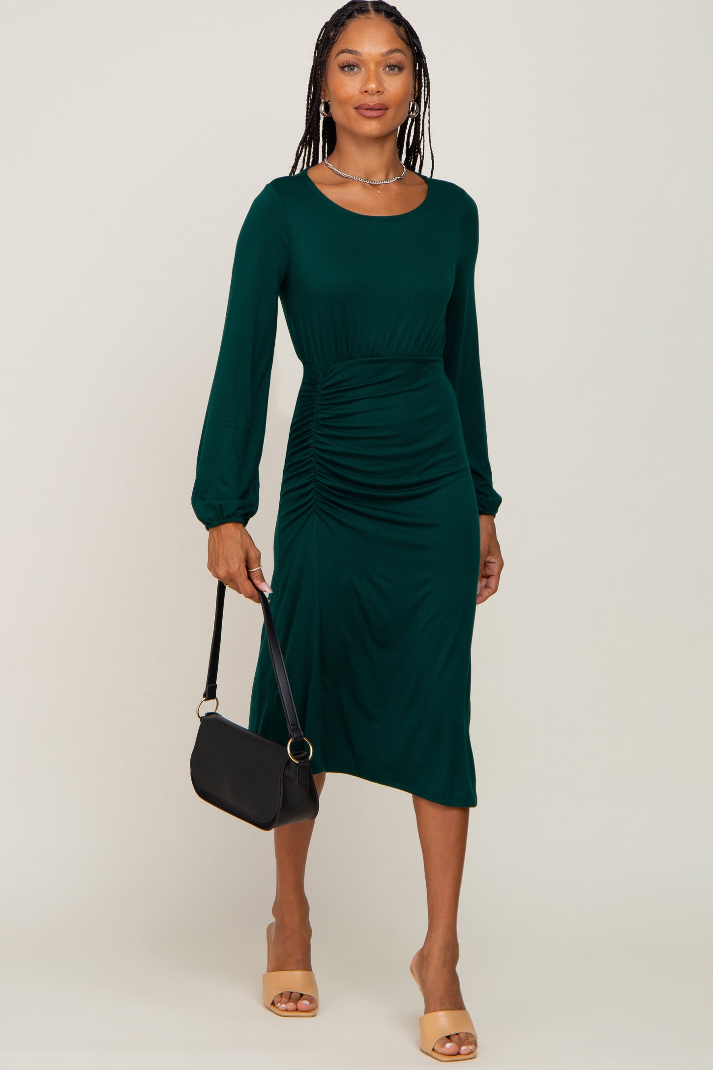 Hunter Green Long Sleeve Ruched Maternity Midi Dress