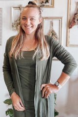 Olive Ribbed Cardigan 2 Piece Set