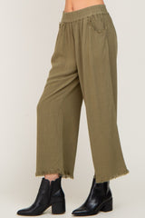 Olive Linen Frayed Hem Crop Pants
