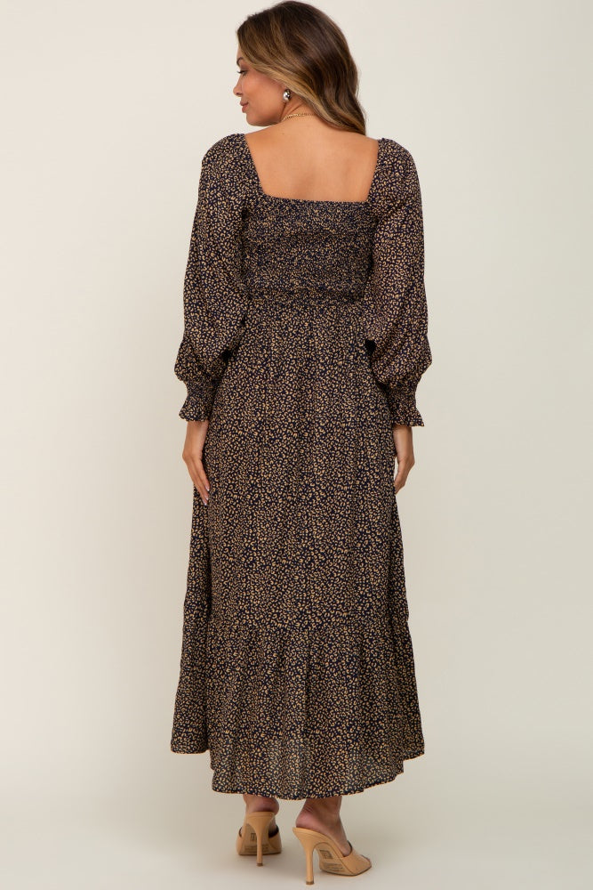 Black Leopard Print Square Neck Smocked Maternity Midi Dress